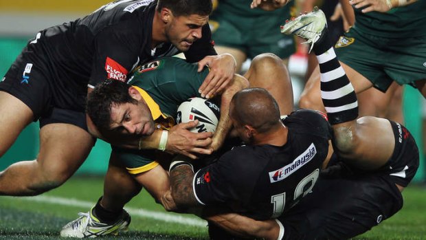 Ready for action: Cameron Smith, centre, during last year's Anzac test.