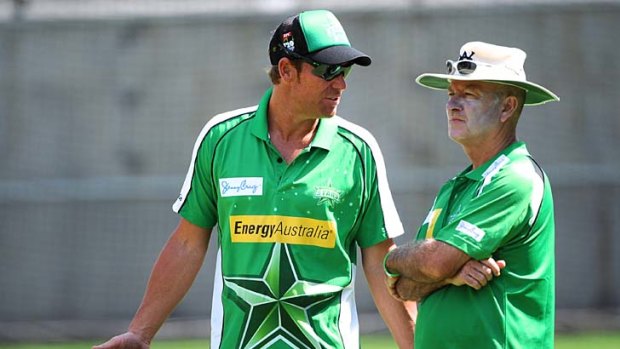 Shane Warne and coach Greg Shipperd at a Melbourne Stars Training session.