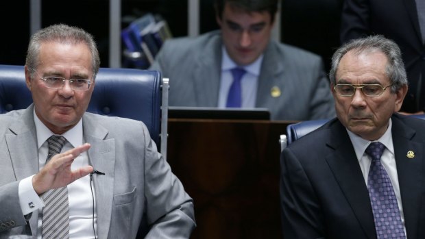 President of the Brazilian Senate Senator Renan Calheiros, left, next to the President of the Impeachment Commission, Senator Raimundo Lira.