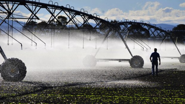 Cora Lynn farmer Wayne Tymensen's huge paddock irrigator will be rendered useless if a proposed power line for the Wonthaggi desalination plant goes ahead. PICTURE: JASON SOUTH