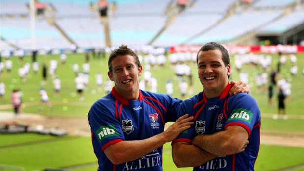 Newcastle united ... injured Knights skipper Kurt Gidley and halfback Jarrod Mullen share a laugh yesterday amid the trouble engulfing their club.