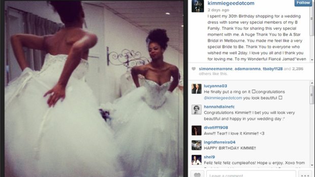 Beyonce dancer Kim Gipson shopping in Melbourne for a wedding dress, posted this picture on Instagram.