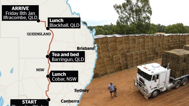  In conjunction with the Chinchilla-based Drought Angels, Mr Farrell, who has largely organised the hay drive by himself – "I don't have time for a committee" – will leave with most of the trucks from Darlington Point, near Griffith, on January 7.