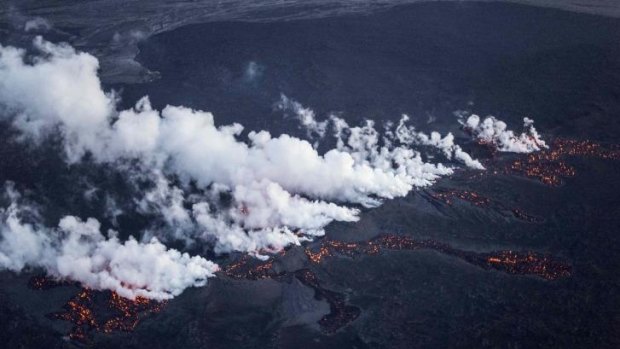 Magma flows from a kilometre-long fissure in part of Iceland's Bardarbunga volcano system.