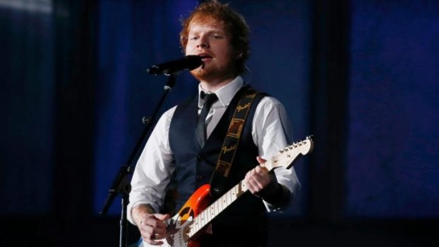 Ed Sheeran performs <i>Thinking Out Loud</i> at the 57th annual Grammy Awards.