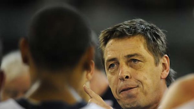 Geelong coach Mark Thompson lays down the law to the Cats after they were blown away in the first quarter of the preliminary final against Collingwood.