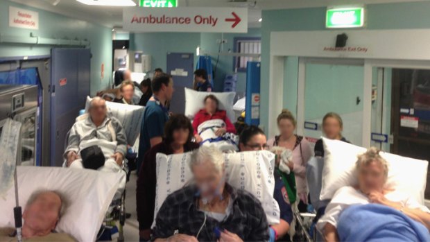 No room ... Crowded conditions at Frankston Hospital at 8.30pm on Monday.