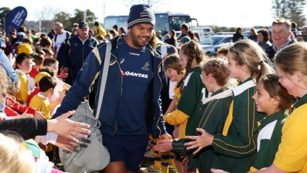 Happy camper: Kurtley Beale meets fans at the Wallabies’ Bathurst camp last week.