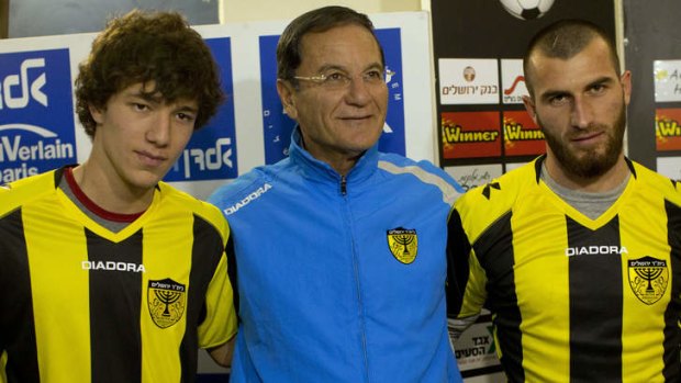 The Chechen players Gabriel Kadiev, left, and Zaur Sadayev, are introduced at a press conference last month by the Beitar coach, Eli Cohen.