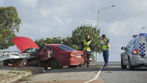 A man in his 20s died when this car crashed during a brief police pursuit in Stud Road, Dandenong, early yesterday.