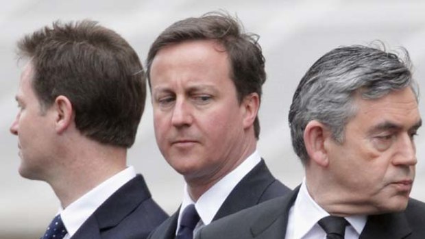 Shoulder to shoulder, for just a moment ... the Liberal Democrat leader, Nick Clegg, Conservative Party leader, David Cameron, and Labour Party leader and Prime Minister, Gordon Brown, attend a VE Day 65th anniversary function.