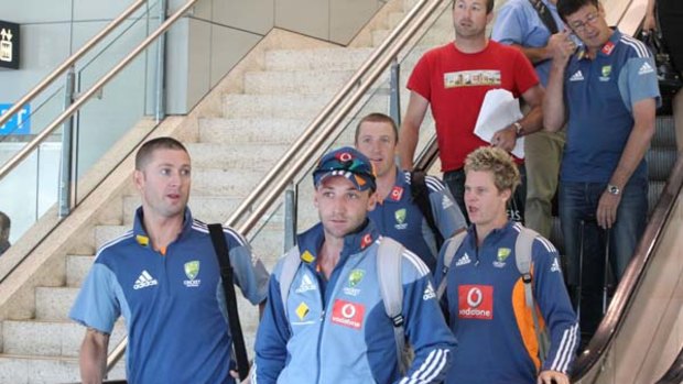 Test rest ... Australian vice-captain Michael Clarke with teammates after flying into Sydney from Perth for a few days? rest.
