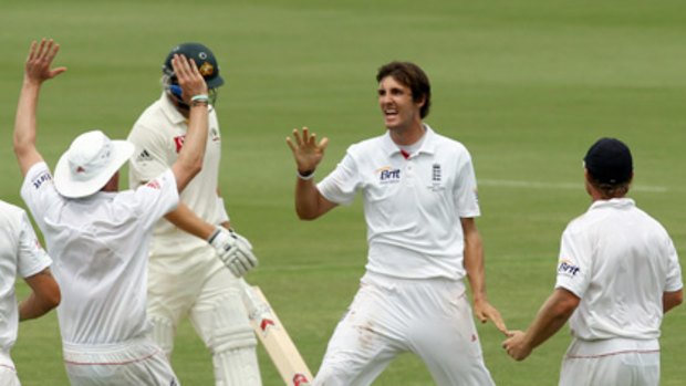 Steve Finn is delighted after snaring the crucial wicket of Shane Watson.