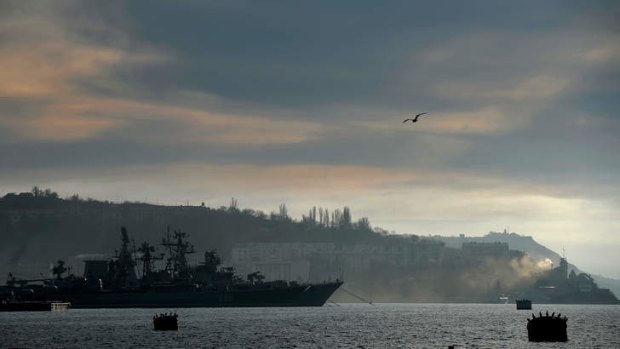 Russian navy frigate docked in the port of Sevastopol.