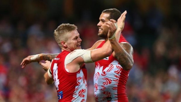 Daniel Hannebery and Lance Franklin had plenty to smile about.
