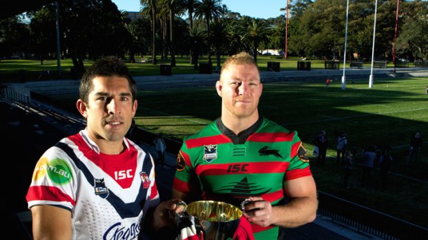 Rugby league's longest rivalry ... Sydney Roosters captain Braith Anasta and South Sydney skipper Michael Crocker had their hands on the Ron Coote Cup yesterday at Redfern Oval.