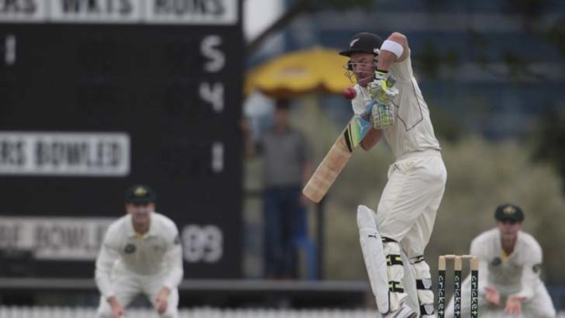 Chin music &#8230; Brendon McCullum cops an early softener but it didn't faze the Kiwi opener who dined out on Australia's next wave of pacemen, smashing a century at a drizzly Allan Border Field in Brisbane.