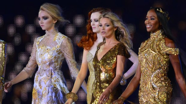 All that glitters ... models (from left) Lily Cole, Karen Elson, Kate Moss and Naomi Campbell grace the catwalk at the London Olympics closing ceremony.