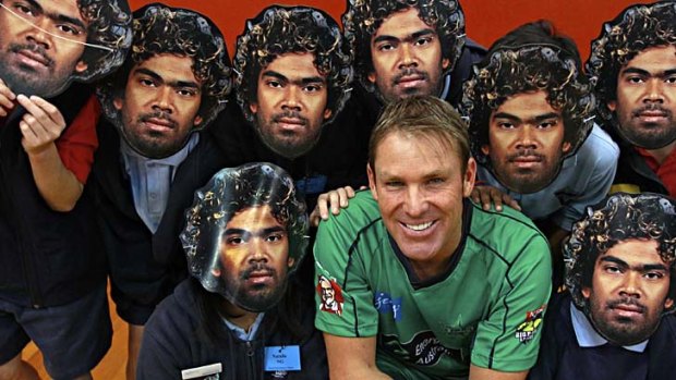 Odd one out: Stars captain Shane Warne with children in Lasith Malinga masks.