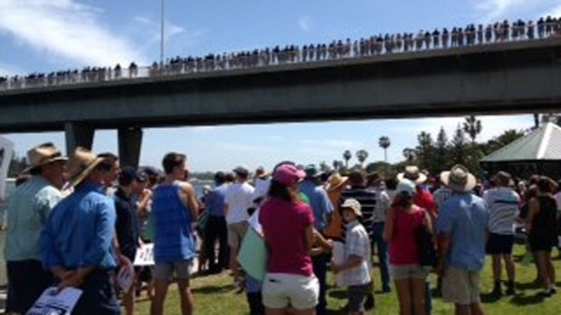 Protestors above and under Stirling Bridge in Fremantle. Picture: Channel Ten.