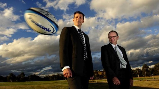 Brumbies chief Andrew Fagan and University of Canberra vice-chancellor Stephen Parker.