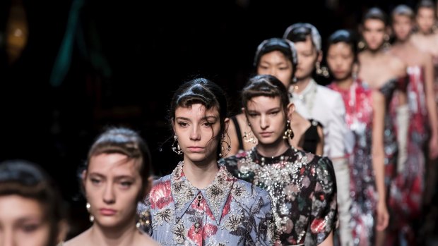 Models on the runway at Erdem during their spring/summer 2018 runway show at London Fashion Week.