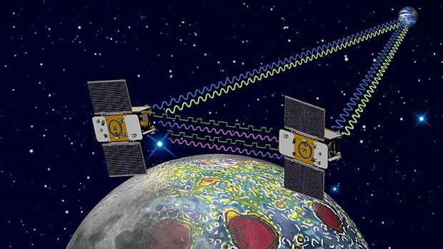 Using a precision formation-flying technique, the twin GRAIL spacecraft will map the moon's gravity field, as depicted in this artist's rendering.