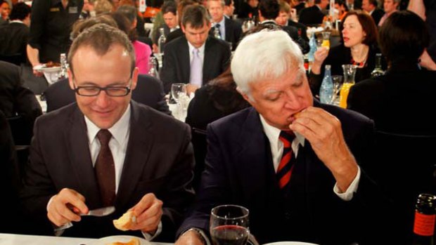 Adam Brandt and Bob Katter break bread at the National Press Club in Canberra. <i>Picture: Andrew Meares</i>