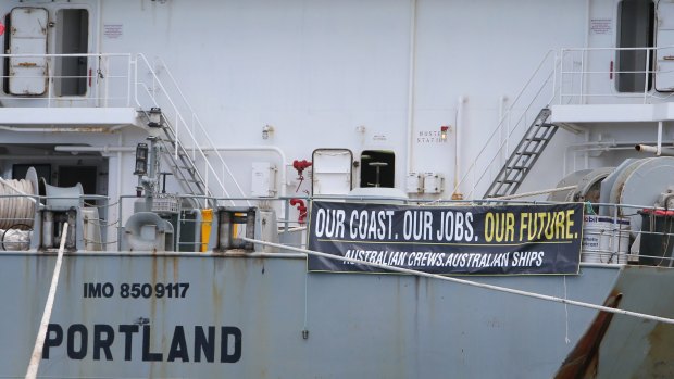 Ship jobs being taken from Portland locals and moved overseas. The MV Portland moored in Portland. 