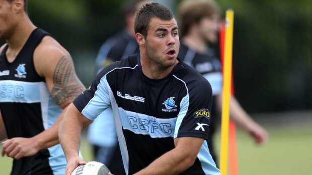 Cronulla's in-form back-rower Wade Graham looks to pass at training.
