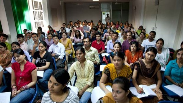 Hothouse flowers... students, including Greetanjali Soni, front left, at the Gyan Bindu Academy work towards a certificate in life sciences.