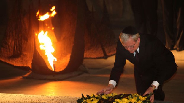 Kevin Rudd lays a wreath at the Yad Vashem Holocaust memorial, where Aboriginal activist William Cooper was later honoured for protesting against the Nazis.
