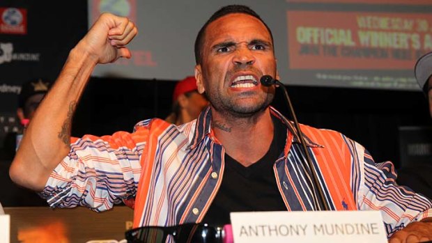 Heated &#8230; Anthony Mundine at Monday's press conference to promote his bout with Daniel Geale.