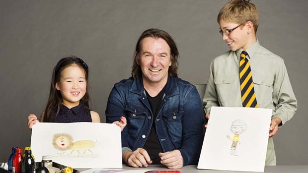 Before and after: Fairfax illustrator John Shakespeare with drawing competition winners Olivia Lee, 6, and Oliver Logan, 10.