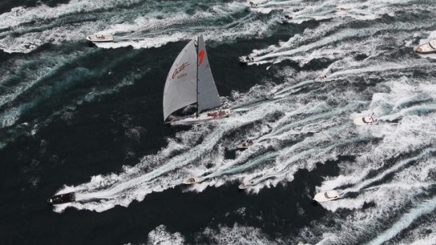 All at sea: Wild Oats XI leads the fleet as it leaves Sydney heading south out of the Heads. Southerly winds are expected to negate any record hopes.