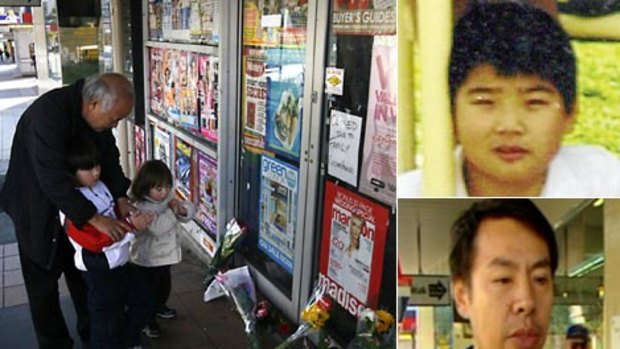 (Clockwise) The newsagency owned by Min Lin, who was killed with his wife, two children and another woman, Henry Lin, 12...his sister flew home yesterday, Min Lin...beaten to death at home.