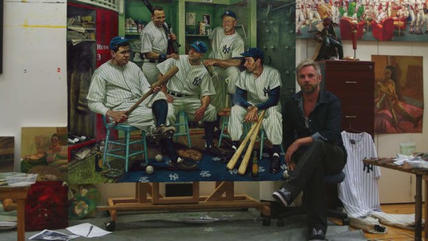 Former AFL footballer Jamie Cooper with his painting of the New York Yankees to be auctioned next month.