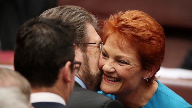 Senator Hanson was also embraced by Senator Derryn Hinch after she delivered her first speech in the Senate.