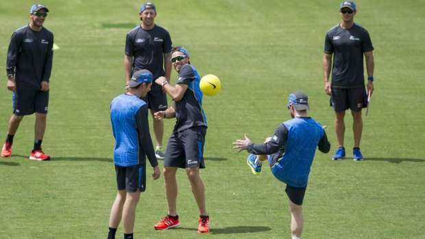 New Zealand players have some fun at training before the Prime Minister's XI clash on Friday. 