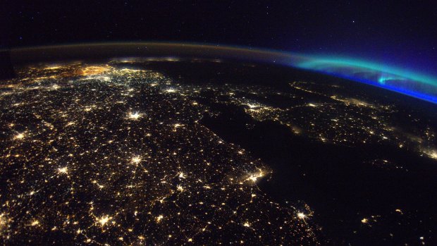 Berlin at the bottom and Belgium at the top, with the aurora borealis at right, in a picture by Pesquet.