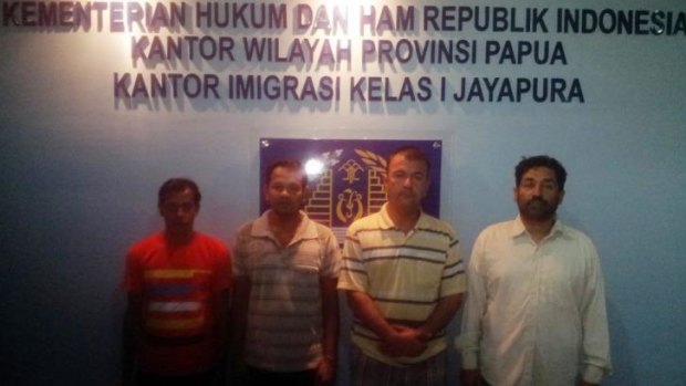 The asylum seekers in detention in Jayapura: (From left) Mohammad Saiful Islam Tanu and Mohammad Shohidul Islam and, both from Bangladesh; and Ahmad Fahim Naziri and Mahmood, both from Afghanistan. 