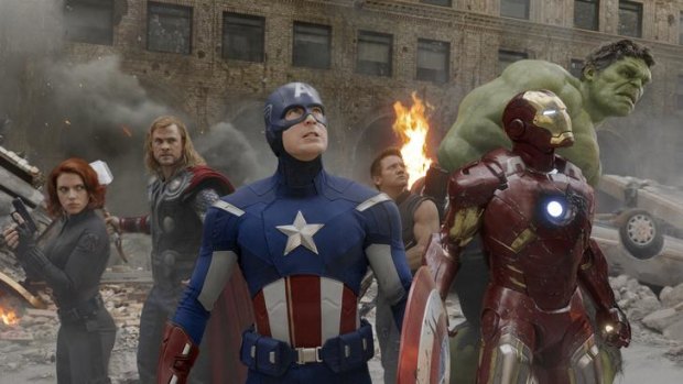 Actors Scarlett Johansson, Chris Hemsworth, Chris Evans, Jeremy Renner, Robert Downey Jr. and Mark Ruffalo are shown in a scene from <i>The Avengers</i>.