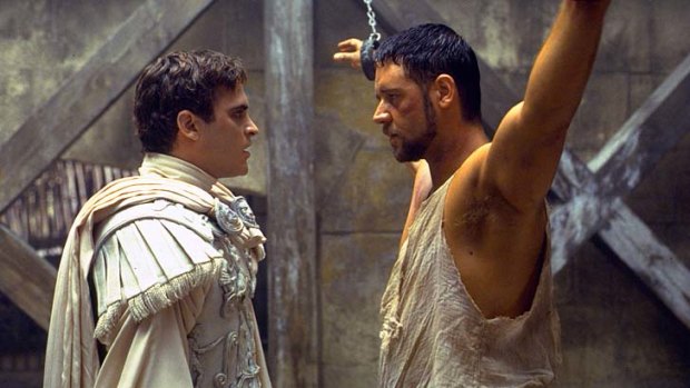 Joaquin Phoenix and Russell Crowe in the film <em>Gladiator</em>.