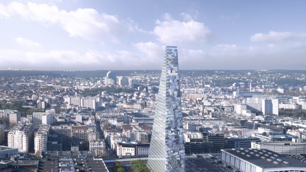The triangular, 42-storey glass office tower designed by Swiss architects Jacques Herzog and Pierre de Meuron.