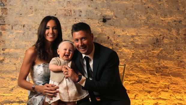Family first: Michael Clarke at the launch of his autobiography with his wife Kyly and daughter Kelsey Lee.