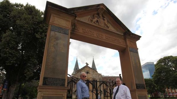 We will remember them ... memorial spotters David Roden and Peter Levarre-Waters outside Parramatta's Archway, the war memorial at Gordon train station.