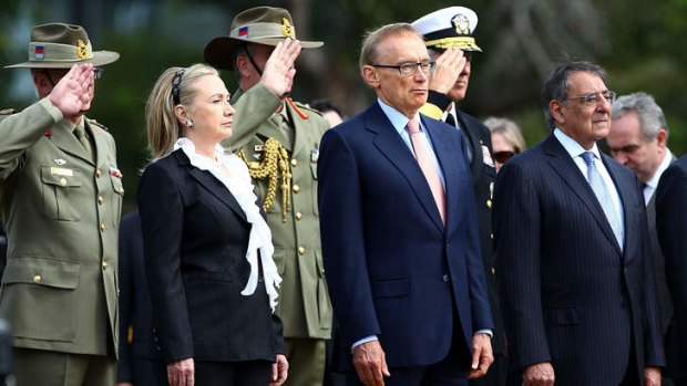 Bob Carr with former US secretary of state Hillary Clinton and former US secretary of defence Leon Panetta.