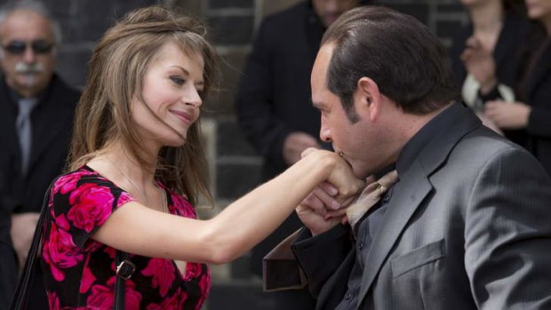 Madeleine West as Danielle McGuire and Robert Mammone as Tony Mokbel in <i>Fat Tony & Co</i>.