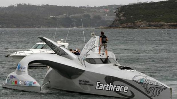 Earthrace, the world's fastest eco-boat, is taken out on Sydney Harbour near Manly.
