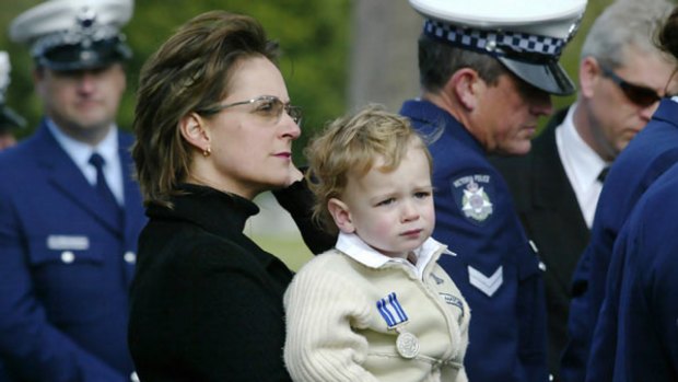 Tina Hogarth-Clarke, the widow of murdered Senior Constable Tony Clarke,  with her son Connor at the unveiling of a memorial plaque in September 2005.